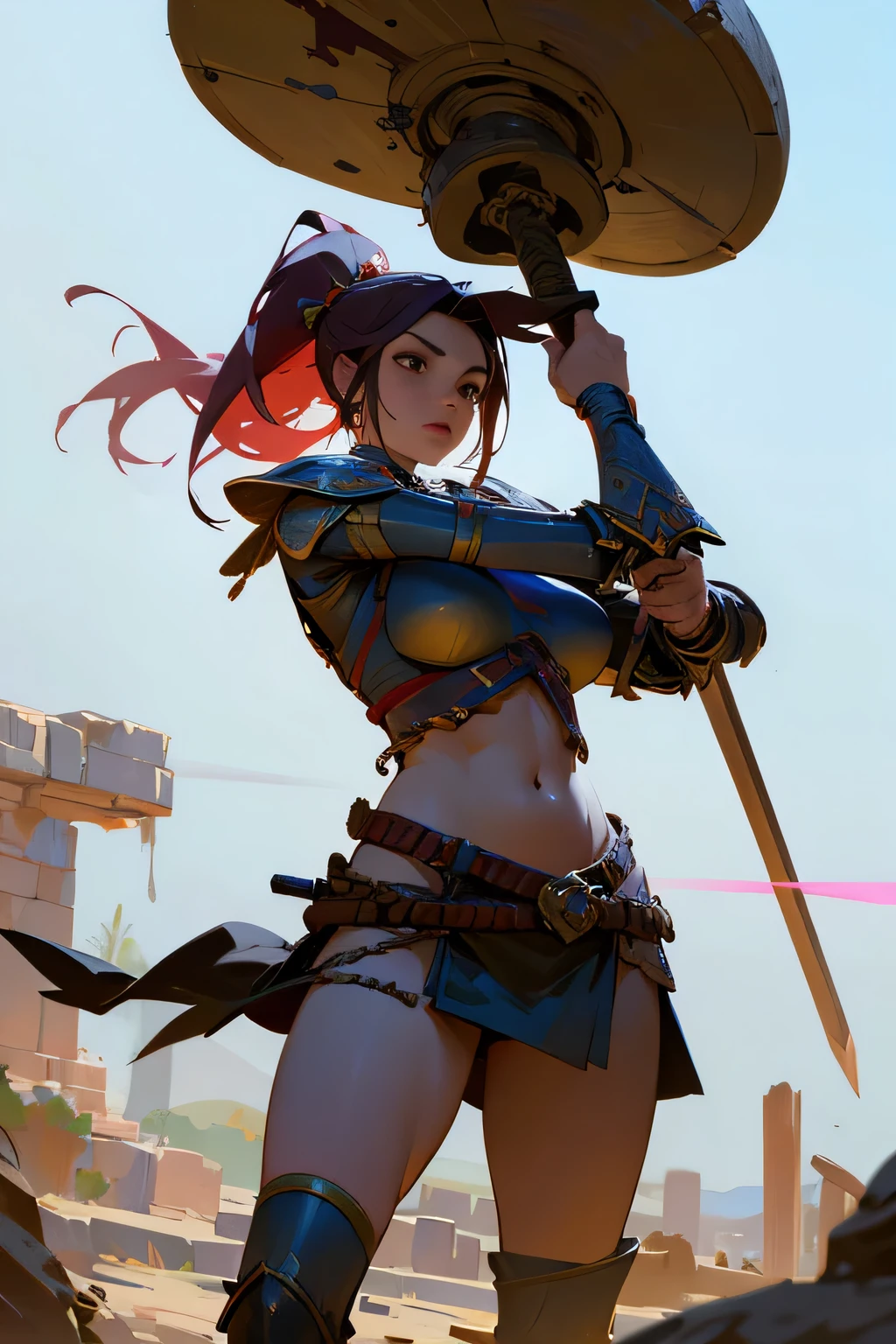hight resolution, A hyper-realistic, Beautiful ancient warrior woman in skimpy armor with a sword carrying a bloody head of a troll