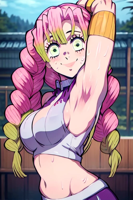 masterpiece, best quality, mitsuri kanroji, looking at viewer, large breasts, upper body, portrait, seductive smile,both hands raised, armpits, armpits visible, sweaty armpits, wearing volleyball uniform,