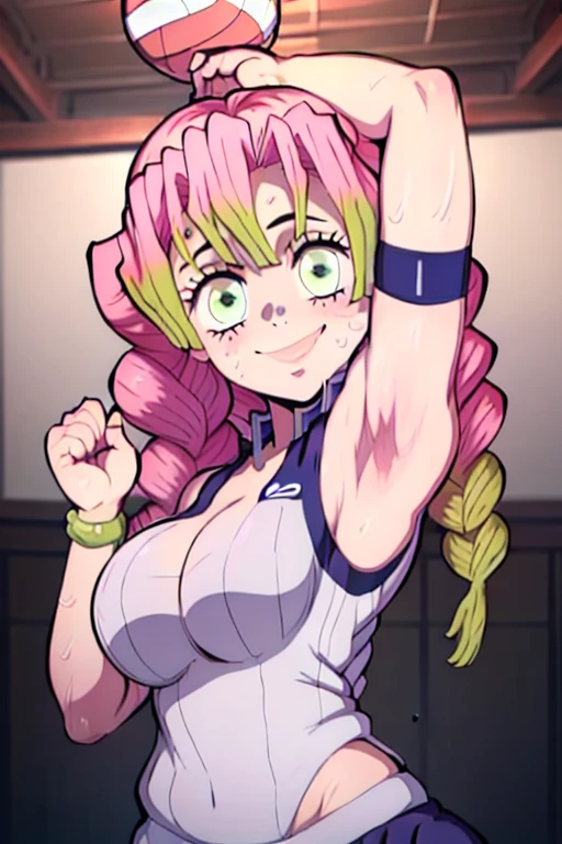 masterpiece, best quality, mitsuri kanroji, looking at viewer, large breasts, upper body, portrait, seductive smile,both hands raised, armpits, armpits visible, sweaty armpits, wearing volleyball uniform,