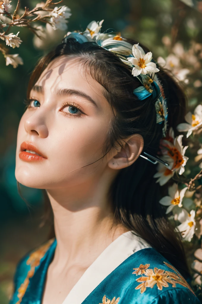 ( masterpiece, top quality, best quality,8k,17 years old girl,ultra detailed,raw photo:1.5),(photorealistic:1.4), (cinematic lighting), PerfectNwsjMajic, , Surrealism, UHD, ccurate, Super detail, textured skin, High detail, Best quality, dynamic angle, White skin,[Beautiful blue eyes], high nose,[flat chest:large breasts:0.5],(1girl),((good anatomy:0.5)),(covered in flowers:1.4), night sky, interested in, fire and ice, (The image is divided into two，Available in a variety of colors:2), eyes blues, sapphire, liquid metal, night sky, (Look at an angle:1.3), (fire and ice), ((Lower chrome)), (hairpin:1.4), (forest:1.3), (fog: 1.3),  Subtle colors and tones, mystical aura ,dreamy atmosphere,expressive brush strokes, mystical ambiance, Artistic interpretation, upper body, long hair
