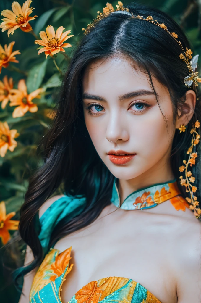 ( masterpiece, top quality, best quality,8k, girl,ultra detailed,raw photo:1.5),(photorealistic:1.4), (cinematic lighting), PerfectNwsjMajic, , Surrealism, UHD, ccurate, Super detail, textured skin, High detail, Best quality, dynamic angle, White skin,[Beautiful blue eyes], high nose,[flat chest:large breasts:0.5],(1girl),((good anatomy:0.5)),(covered in flowers:1.4), night sky, interested in, fire and ice, (The image is divided into two，Available in a variety of colors:2), eyes blues, sapphire, liquid metal, night sky, (Look at an angle:1.3), (fire and ice), ((Lower chrome)), (hairpin:1.4), (forest:1.3), (fog: 1.3),  Subtle colors and tones, mystical aura ,dreamy atmosphere,expressive brush strokes, mystical ambiance, Artistic interpretation, upper body, long hair