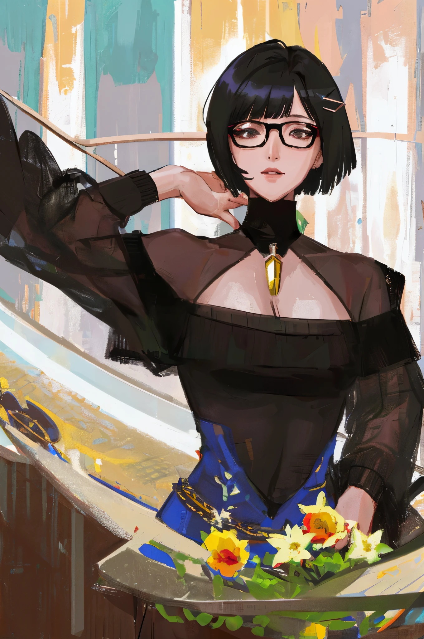 (masterpiece:1.2, best quality), (dinamic lighting) 1lady, solo, short hair, big breasts, (shiny skin:1.2), upper body, glasses, modern, black bob cut hair,, flower on ear, harajuku style, hair pin, , v neck sweater, scar on eye
