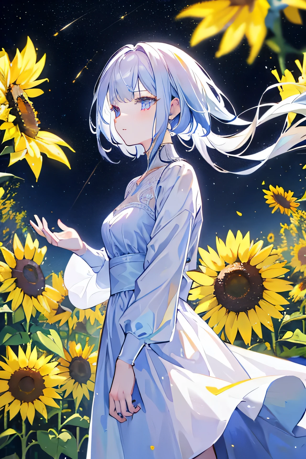 A starry night sky over a field of sunflowers in full bloom. In the center, a young woman with long hair and a white dress, with a serene expression, gazes at the stars while a gentle breeze moves the sunflowers around her.
