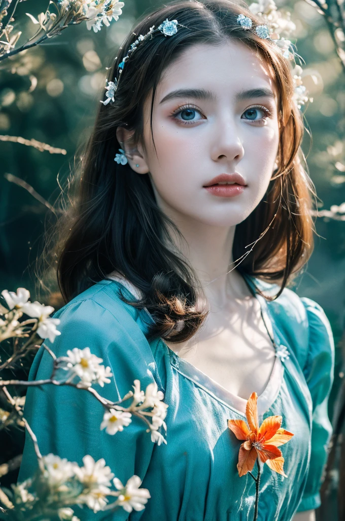 ( masterpiece, top quality, best quality,8k,17 years old girl,ultra detailed,raw photo:1.5),(photorealistic:1.4), (cinematic lighting), PerfectNwsjMajic, , Surrealism, UHD, ccurate, Super detail, textured skin, High detail, Best quality, dynamic angle, White skin,[Beautiful blue eyes], high nose,[flat chest:large breasts:0.5],(1girl),((good anatomy:0.5)),(covered in flowers:1.4), night sky, joint, interested in, fire and ice, (The image is divided into two，Available in a variety of colors:2), eyes blues, sapphire, liquid metal, night sky, (Look at an angle:1.3), (fire and ice), ((Lower chrome)), (hairpin:1.4), (forest:1.3), (fog: 1.3),  Subtle colors and tones, mystical aura ,dreamy atmosphere,expressive brush strokes, mystical ambiance, Artistic interpretation,Wonderland, blue glowing flowers tone, upper body, long hair