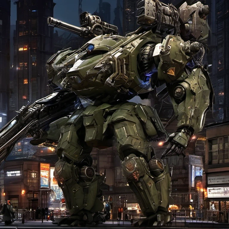 highest quality, masterpiece, Very detailed, Mechanical Robot, (Very detailed mecha armor), Full Armor, (Very large size mechanism:1.5), (city:2), Glowing Eyes, (whole body:1.2), (Machinery Parts:1), (Robot Joints:1), (Military Parts:1.5), (The heroic part:0.1), cable, (Ready for battle:1.2),(Strong posture:1.3),(Detailed eye depiction:1.2),(Huge mechanical weapon:1.2), (Detailed weapon description:1.2), (Holding weapons and weapons :1.5)