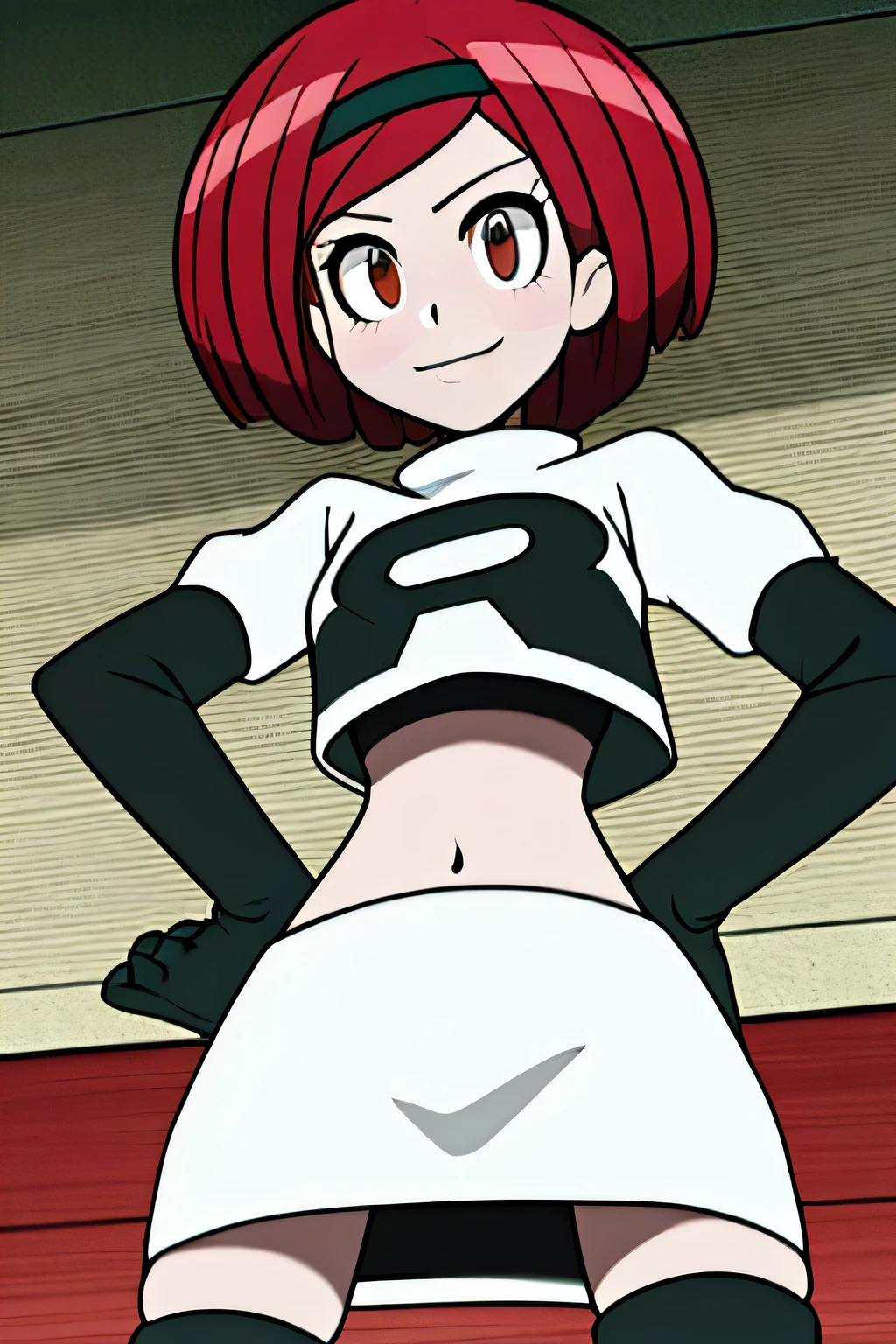 masterpiece,best quality,high res,high quality,8k, masterpiece,highres, team rocket uniform, red letter r, white skirt,white crop top,black thigh-high boots, black elbow gloves, evil smile, looking down at viewer, hands on hips, cowboy shot, zettai ryouiki,spread legs,from below, black panties,anime style, vivid colors, sharp focus, intense lighting,yumeno himiko, short hair, red hair, bangs, brown eyes, hair ornament,