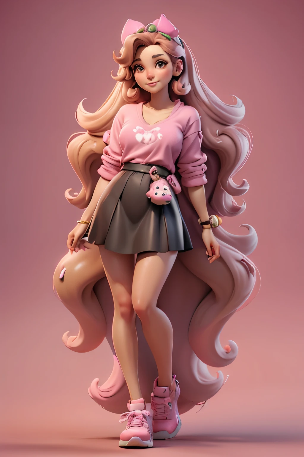 Development of animated characters in the style of 3D Pixar, gamer girl, pink colors , girly , golden retriever dog, Starbucks, chocolate Dona