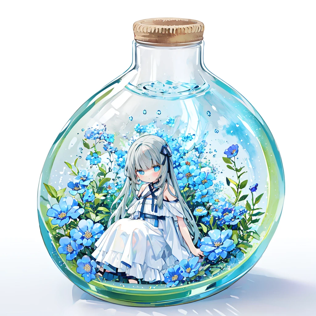 Pastel Watercolor、A girl stuffed with many flowers、blue flower、gray hair、long hair、Stuck with inside jar、pushed into、sitting、cute clothes、bare shoulders、ribbon、(inside jar)、bottling、girl in a small bottle