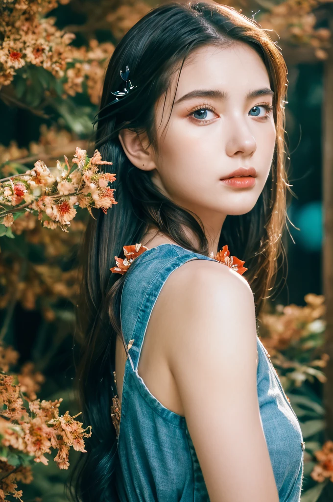 ( masterpiece, top quality, best quality,8k,17 years old girl,ultra detailed,raw photo:1.5),(photorealistic:1.4), (cinematic lighting), PerfectNwsjMajic, , Surrealism, UHD, ccurate, Super detail, textured skin, High detail, Best quality, dynamic angle, White skin,[Beautiful blue eyes], high nose,[flat chest:large breasts:0.5],(1girl),((good anatomy:0.5)),(covered in flowers:1.4), night sky, interested in, fire and ice, (The image is divided into two，Available in a variety of colors:2), eyes blues, sapphire, liquid metal, night sky, (Look at an angle:1.3), (fire and ice), ((Lower chrome)), (hairpin:1.4), (forest:1.3), (fog: 1.3),  Subtle colors and tones, mystical aura ,dreamy atmosphere,expressive brush strokes, mystical ambiance, Artistic interpretation, upper body, long hair