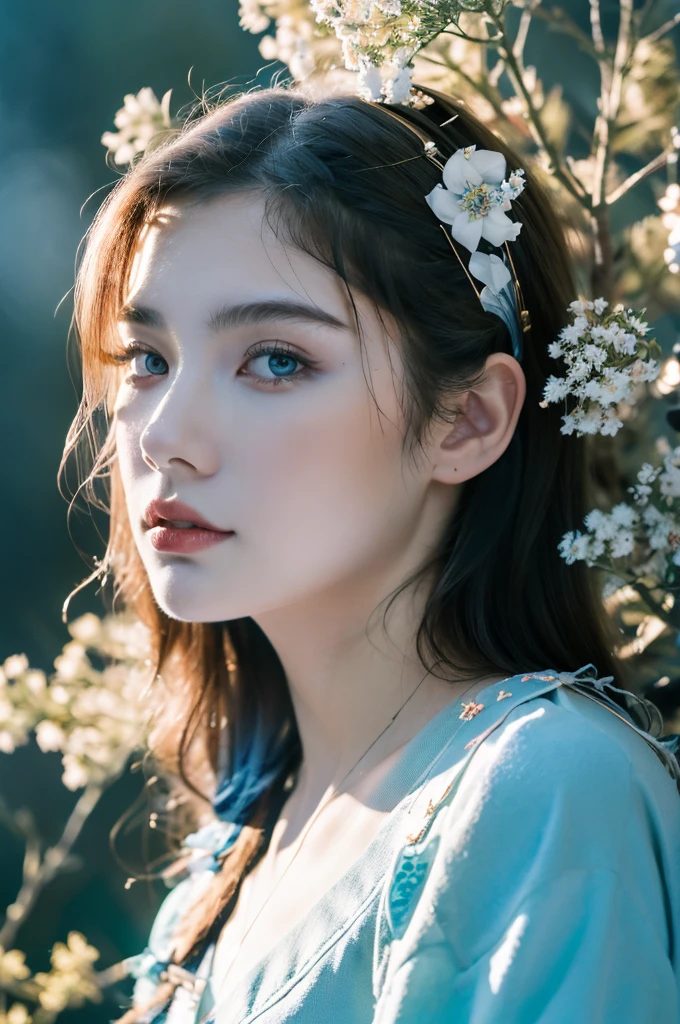 ( masterpiece, top quality, best quality,8k,17 years old girl,ultra detailed,raw photo:1.5),(photorealistic:1.4), (cinematic lighting), PerfectNwsjMajic, , Surrealism, UHD, ccurate, Super detail, textured skin, High detail, Best quality, dynamic angle, White skin,[Beautiful blue eyes], high nose,[flat chest:large breasts:0.5],(1girl),((good anatomy:0.5)),(covered in flowers:1.4), night sky, joint, interested in, fire and ice, (The image is divided into two，Available in a variety of colors:2), eyes blues, sapphire, liquid metal, night sky, (Look at an angle:1.3), (fire and ice), ((Lower chrome)), (hairpin:1.4), (forest:1.3), (fog: 1.3),  Subtle colors and tones, mystical aura ,dreamy atmosphere,expressive brush strokes, mystical ambiance, Artistic interpretation,Wonderland, blue glowing flowers tone, upper body, long hair