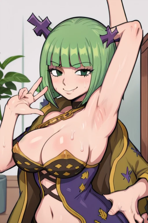 masterpiece, best quality, brandish, looking at viewer, green short hair, large breasts, upper body, portrait, looking at viewer, seductive smile,both hands raised, armpits, armpits visible, sweaty armpits,