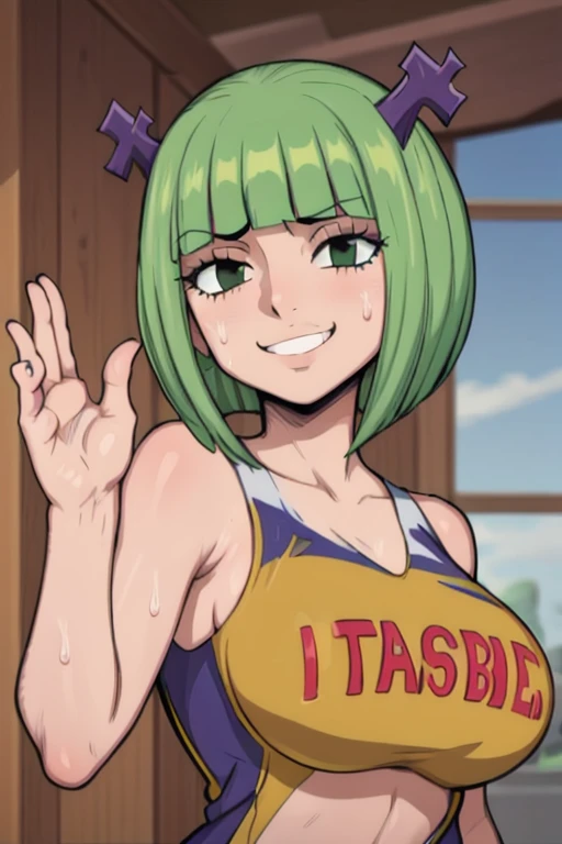 masterpiece, best quality, brandish, looking at viewer, green short hair, large breasts, upper body, portrait, seductive smile,both hands raised, armpits, armpits visible, sweaty armpits, wearing volleyball uniform, 