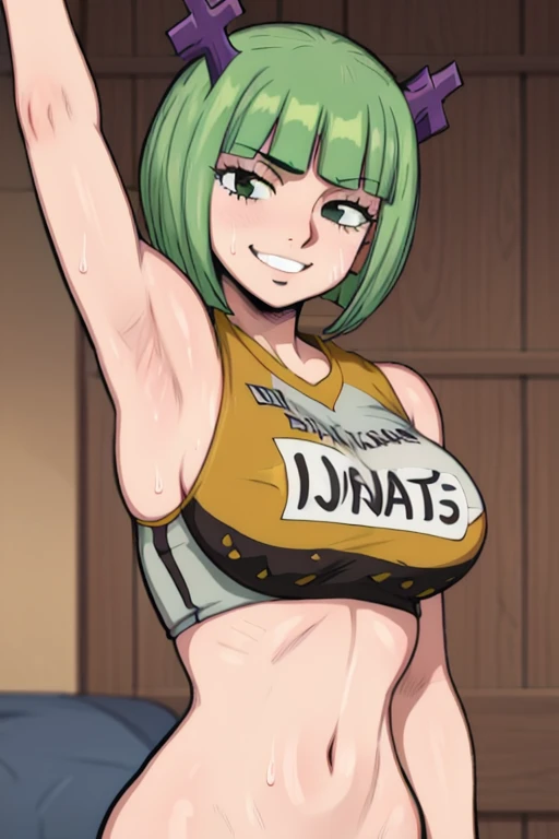 masterpiece, best quality, brandish, looking at viewer, green short hair, large breasts, upper body, portrait, seductive smile,both hands raised, armpits, armpits visible, sweaty armpits, wearing volleyball uniform, 