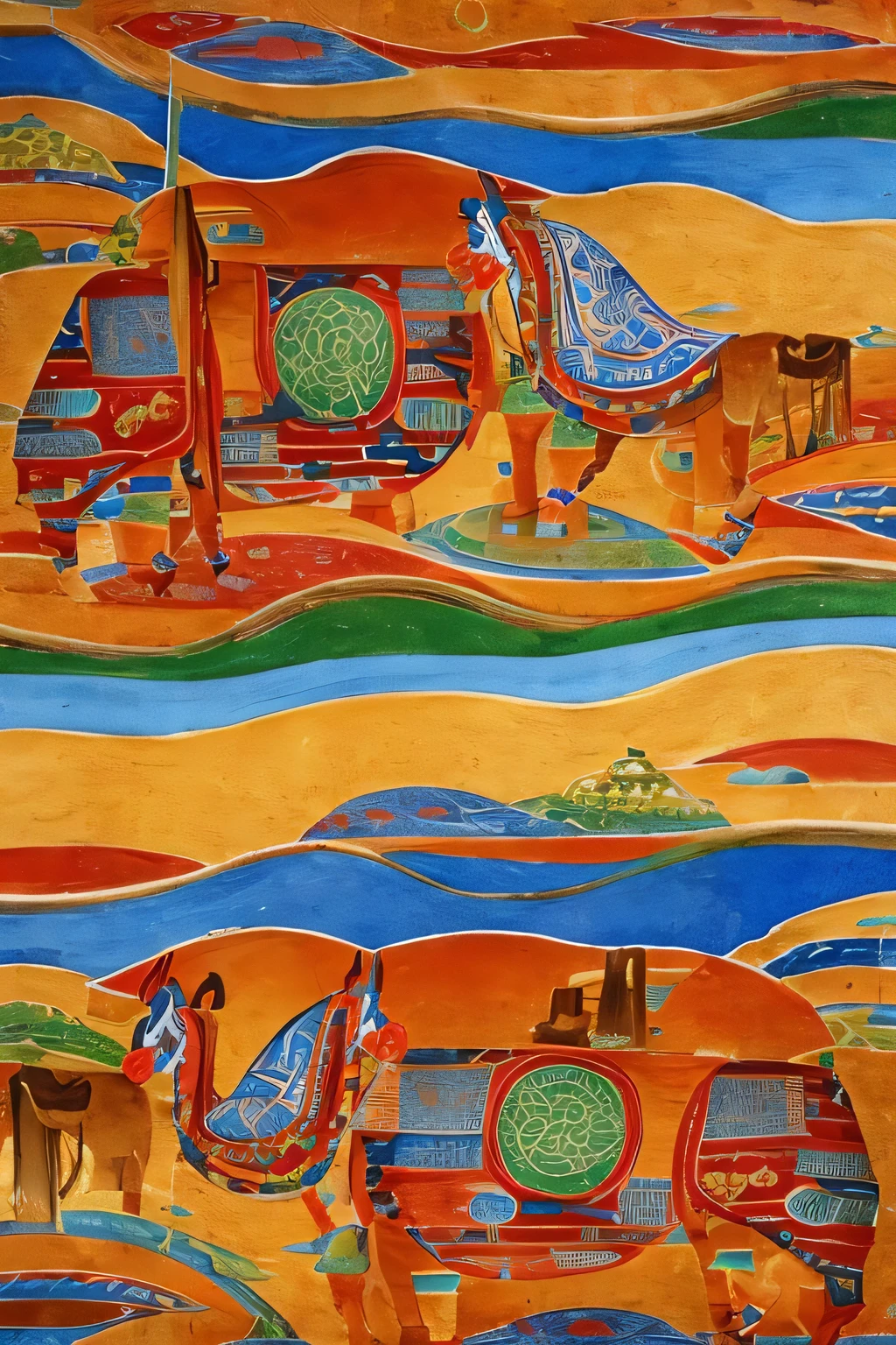 Using the lines and patterns on Mongolian saddles,Auspicious Eight Treasures,Ao Bao,Pattern on the horse-head fiddle,Some elements, patterns and lines of Inner Mongolian costumes,You can also add some intangible cultural heritage elements and patterns from Inner Mongolia to generate a picture。With acrylic、Watercolor painting,There must be a composition,color,No characters,Rich color。No horses
