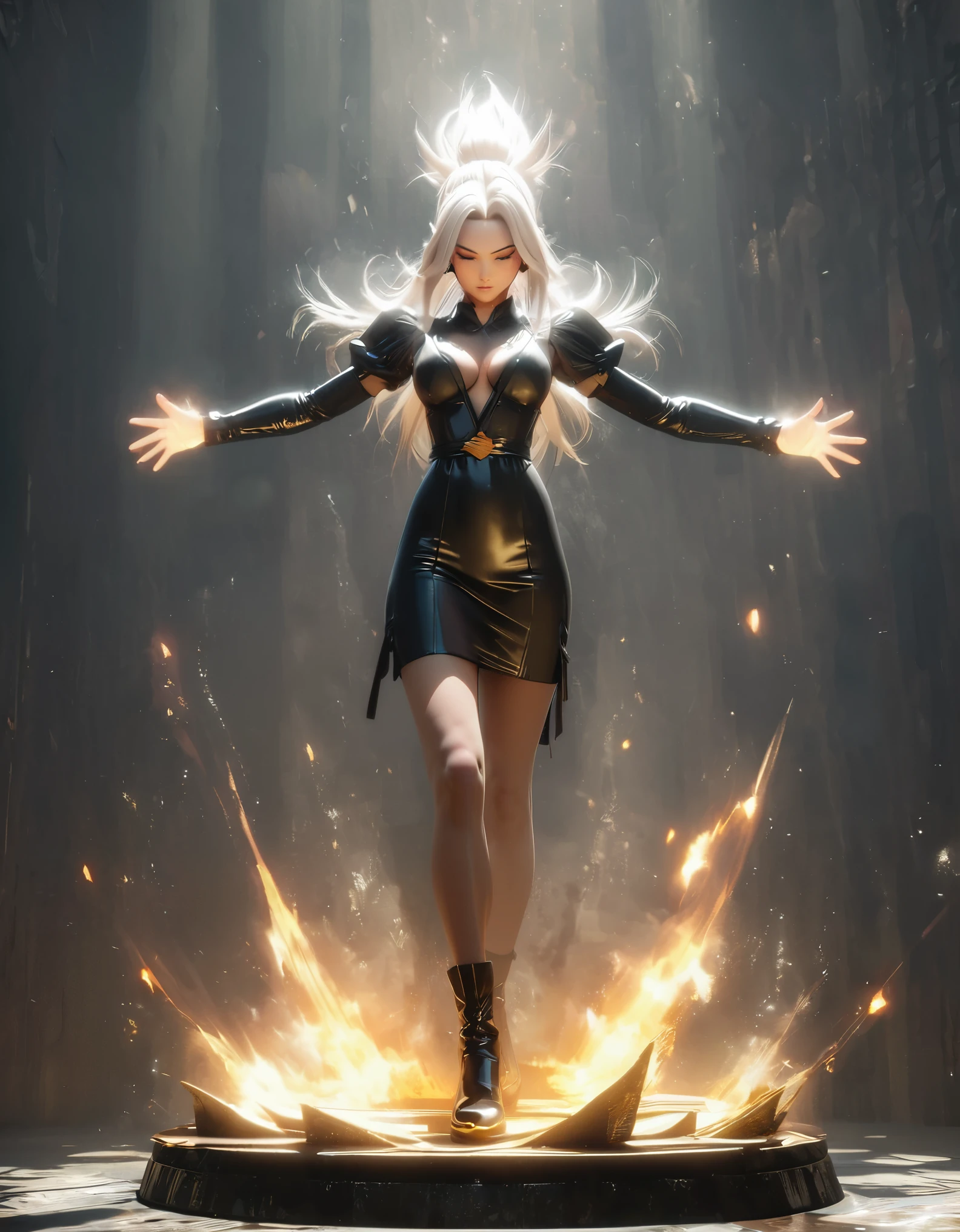 A full body shot of Black Kowal from Dragon Ball Z as the female version of Super Saiyan in the style of Artgerm, realistic style, dark background, anime artstyle, high quality, smooth skin, white hair in a messy bun, glowing aura, black dress with gold accents, dark and moody, epic pose, glowing energy around her hands.xianxia,3d,Skin Texture,Light and shadow effects
