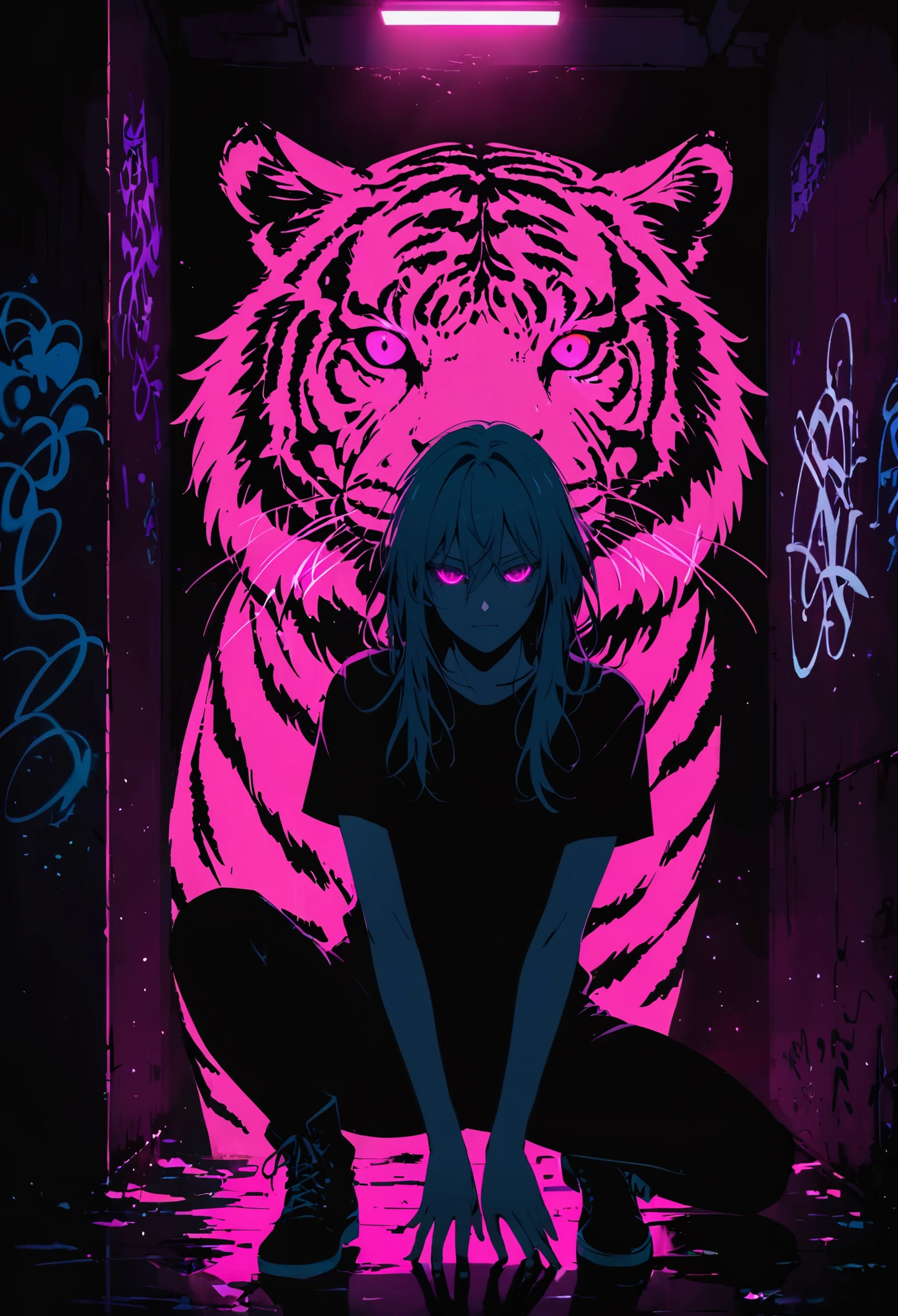 (Portrait of a mysterious giant Roaring tiger)，indoor，Fluorescent illumination， (((Darkness shrouded, black background, shadow, extreme darkness, Dark atmosphere))),，Wall background，black background，silhouette，shadow，extreme darkness，Minimalist graffiti style background，Fluorescent pink eye graffiti，Dark atmosphere，cowboy shot,1girl,Oversized black T-shirt，Medium Breast，Waistless T-shirt，underboob，blurred background，Blurred foreground，Pink fluorescent hair，Fluorescent pink eyes，long hair，Messy hair，Crouch on the ground, Pretend to act like a cat，Low rise denim shorts，Over-the-knee boots，pink eye shadow，Ruined eyeshadow，Poker face