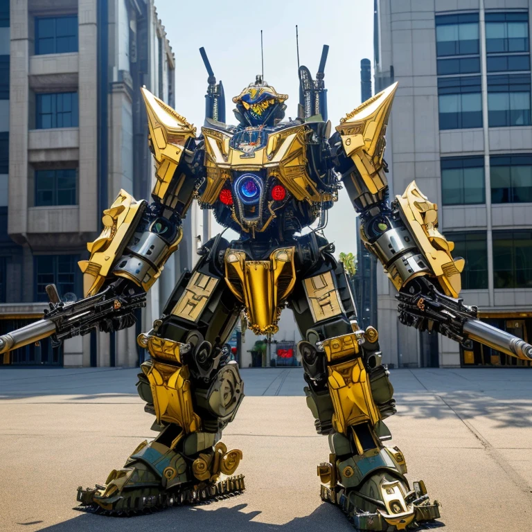 highest quality, masterpiece, Very detailed, Mechanical Robot, (Very detailed mecha armor), Full Armor, (Very large size mechanism:1.5), (city:2), Glowing Eyes, (whole body:1.2), (Machinery Parts:1), (Robot Joints:1), (Military Parts:1.5), (The heroic part:0.1), cable, (Ready for battle:1.2),(Strong posture:1.3),(Detailed eye depiction:1.2),(Huge mechanical weapon:1.2), (Detailed weapon description:1.2), (Holding weapons and weapons :1.5)、gold