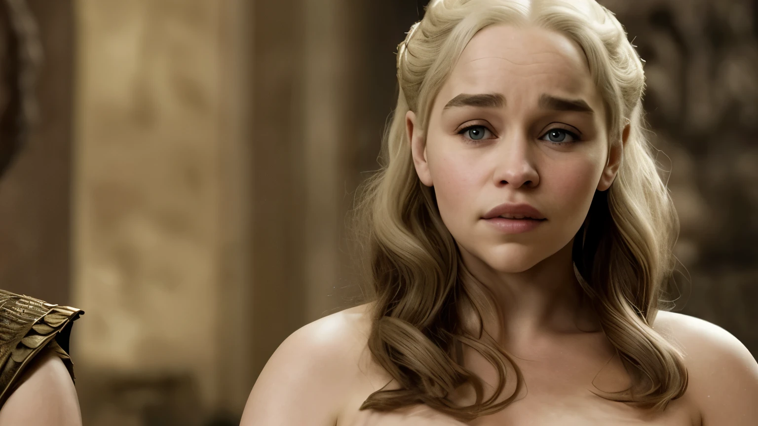 Masterpiece, best quality, detailed face, Emilia Clarke, platinum hair, sexy dress, midriff, in a room, looking at viewer, sexy smirk face