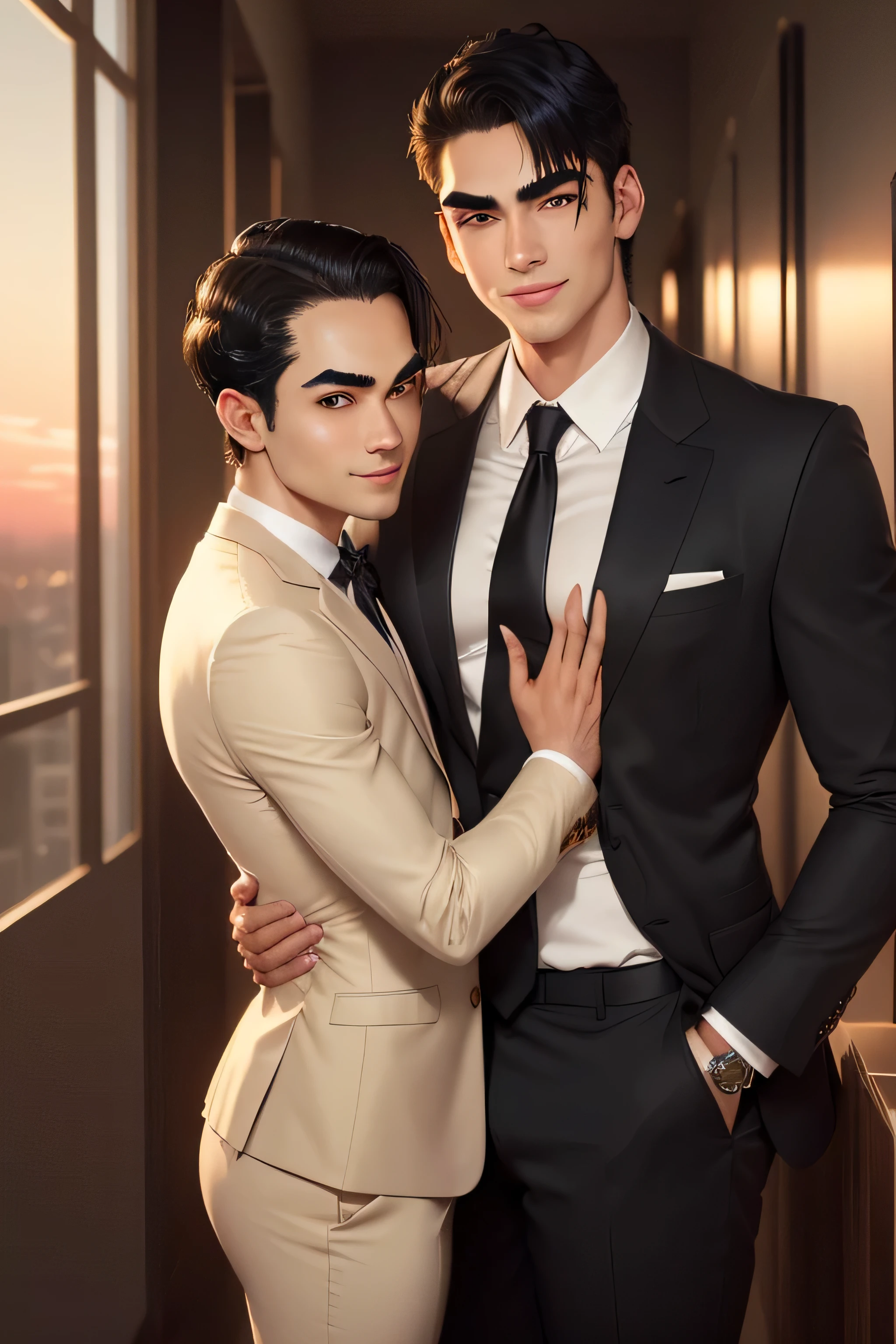 masterpiece, best quality, realistic. 2 man love each other. 1st man (male focus, mature, 1 tall muscular, handsome, [thick eyebrows:0.5], smile, suit, portrait, extremely detailed face, (black hair), (very short hair:1.3, forehead), (suit:1.3). 2nd man (male focus, cute, lovely, not tall, skinny, beautiful young boy, [thick eyebrows:0.5], shy smile, potrait, extremely detailed face, short hair, (suit:1.3)). Sunset sky, dusk, hug