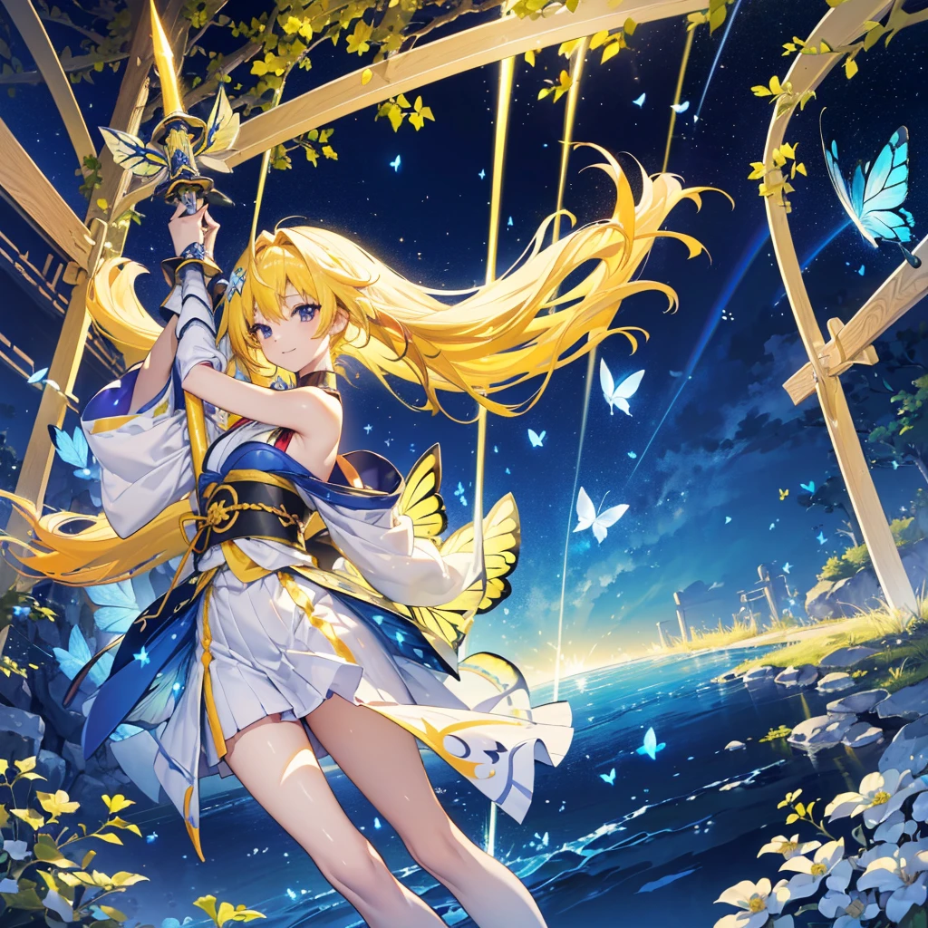 ((high resolution　Yellow Hair　Long Hair　Goddess of victory　one person　Lonely　smile))　((Blue Butterfly　night　Japanese style　Shoulder　old　Shining Aura　rainbow))　(Dance　Blade of Light　Shining Holy Sword　Swing down　Slashing)　moon　star　Draw your sword　Slashing　Catch the wind　fall