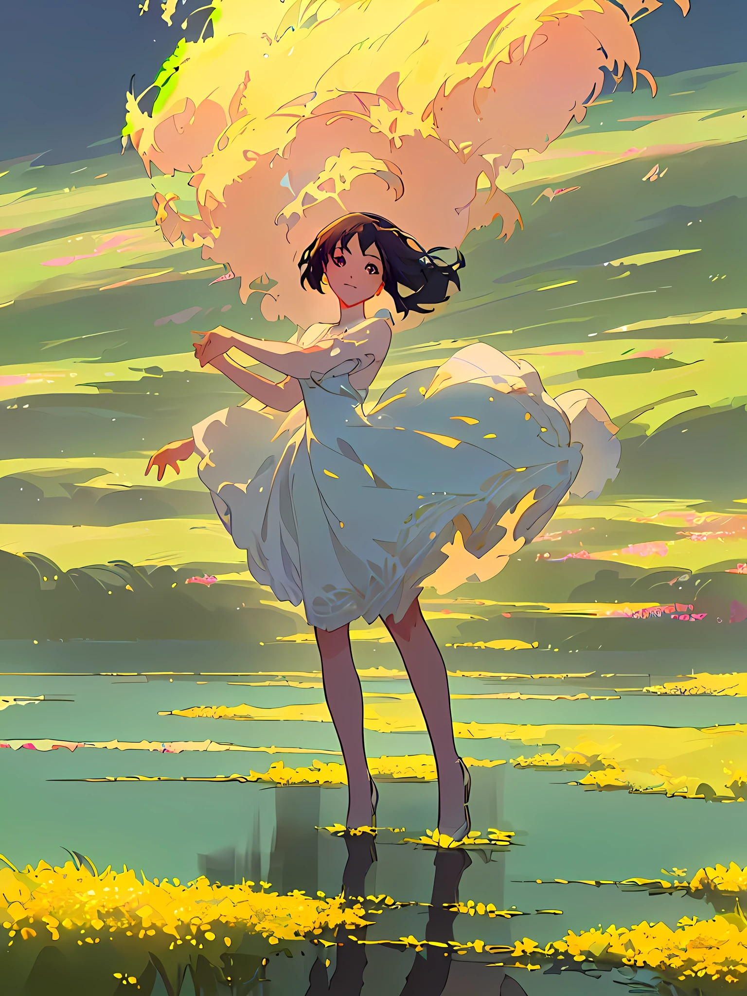 there is a woman in a white dress standing in a field, makoto shinkai cyril rolando, anime girl walking on water, atey ghailan 8 k, girl dancing in a flower field, makoto shinkai art style, ( ( makoto shinkai ) ), beautiful anime artwork, in style of atey ghailan