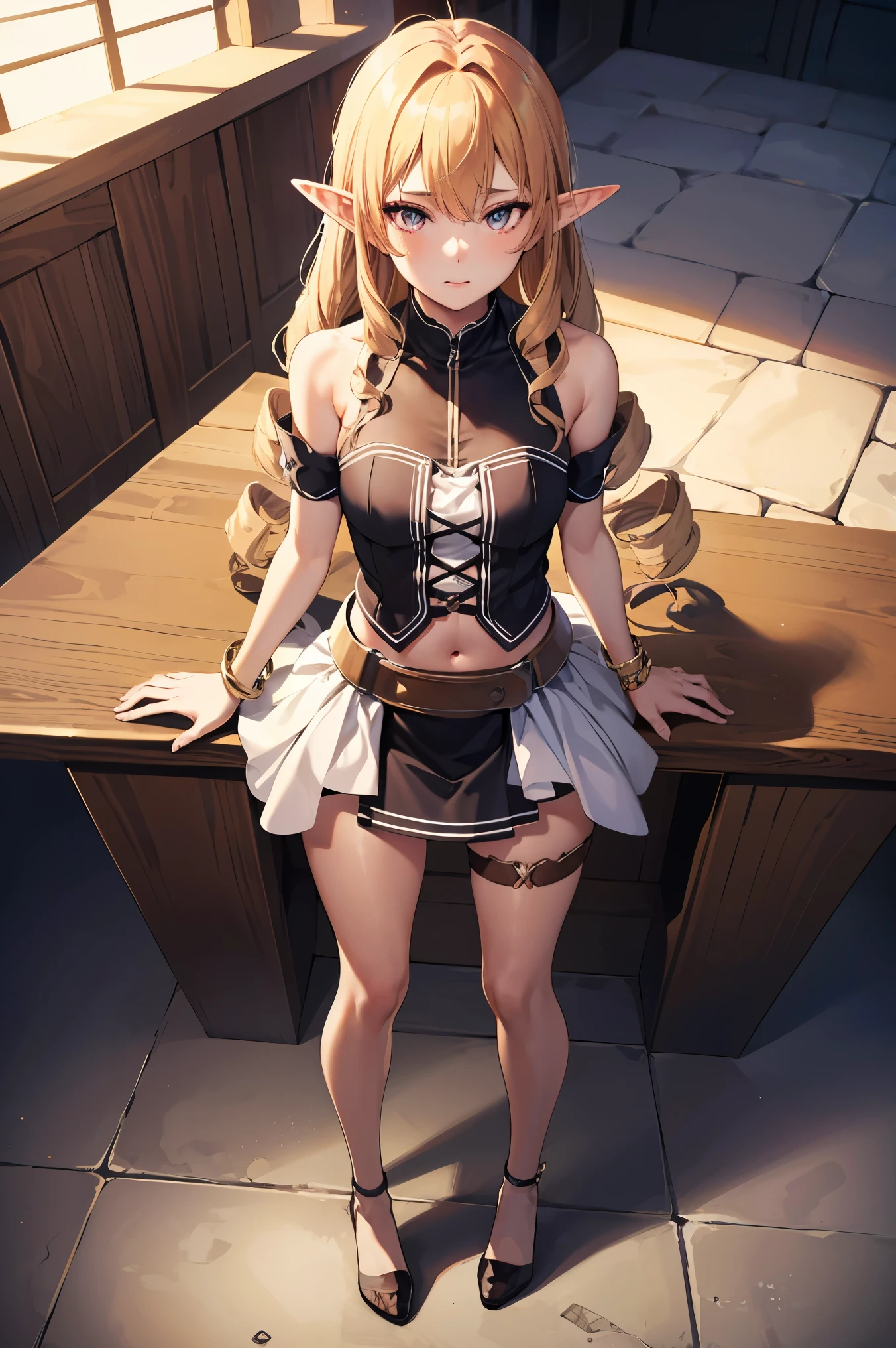 1girl, elinalise, elf, pointy ears, red eyes, blonde hair, hair drills,medium breast, 
BREAK (bangle, bare shoulders, bracelet, dress, jewelry, short sleeves, shiny clothes:1.2)
BREAK standing, full body, from above BREAK (masterpiece:1.2), best quality, high resolution, unity 8k wallpaper, (illustration:0.8), (beautiful detailed eyes:1.6), extremely detailed face, perfect lighting, extremely detailed CG, (perfect hands, perfect anatomy),