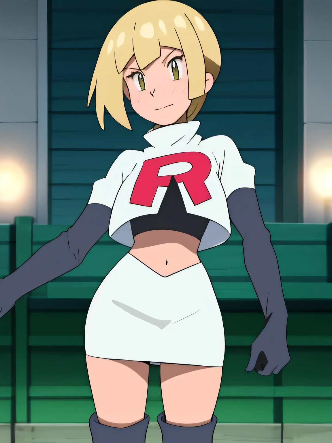 (best quality,4k,8k,highres,masterpiece:1.2),ultra-detailed,realistic,photorealistic:1.37, vibrant colors, studio lighting, bokeh,toga himiko,team rocket, team rocket uniform, red letter R, seductive smile, white skirt, white crop top, black thigh-high boots, black elbow gloves,zettai ryouiki,cowboy shot