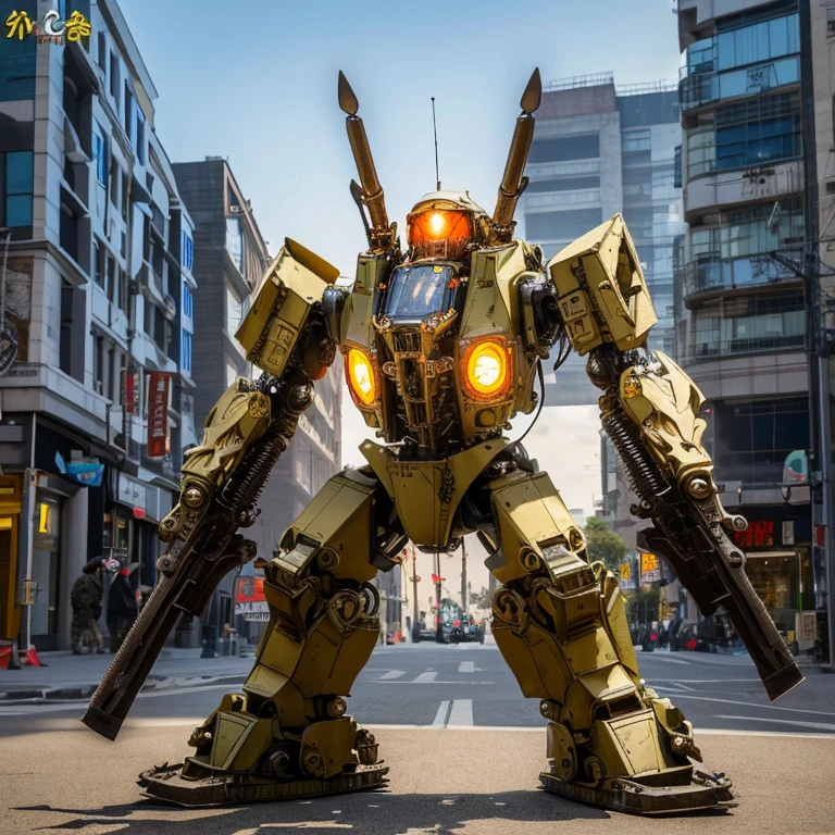 highest quality, masterpiece, Very detailed, Mechanical Robot, (Very detailed mecha armor), Full Armor, (Very large size mechanism:1.5), (city:2), Glowing Eyes, (whole body:1.2), (Machinery Parts:1), (Robot Joints:1), (Military Parts:1.5), (The heroic part:0.1), cable, (Ready for battle:1.2),(Strong posture:1.3),(Detailed eye depiction:1.2),(Huge mechanical weapon:1.2), (Detailed weapon description:1.2), (Holding weapons and weapons :1.5)、gold、Camel Toe、Giant tit、Nipple Puffs、Cleavage、Plump、Super big breasts、Super big butt