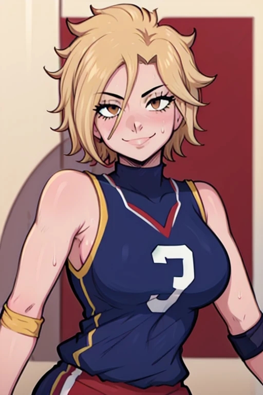 masterpiece, best quality, dimaria, looking at viewer, yellow short hair, large breasts, upper body, portrait, looking at viewer, seductive smile,both hands raised, armpits, armpits visible, sweaty armpits, wearing volleyball uniform