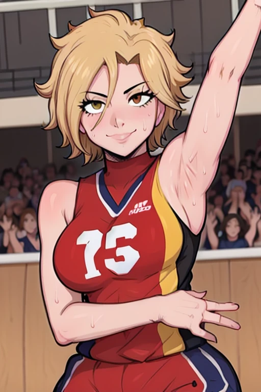 masterpiece, best quality, dimaria, looking at viewer, yellow short hair, large breasts, upper body, portrait, looking at viewer, seductive smile,both hands raised, armpits, armpits visible, sweaty armpits, wearing volleyball uniform