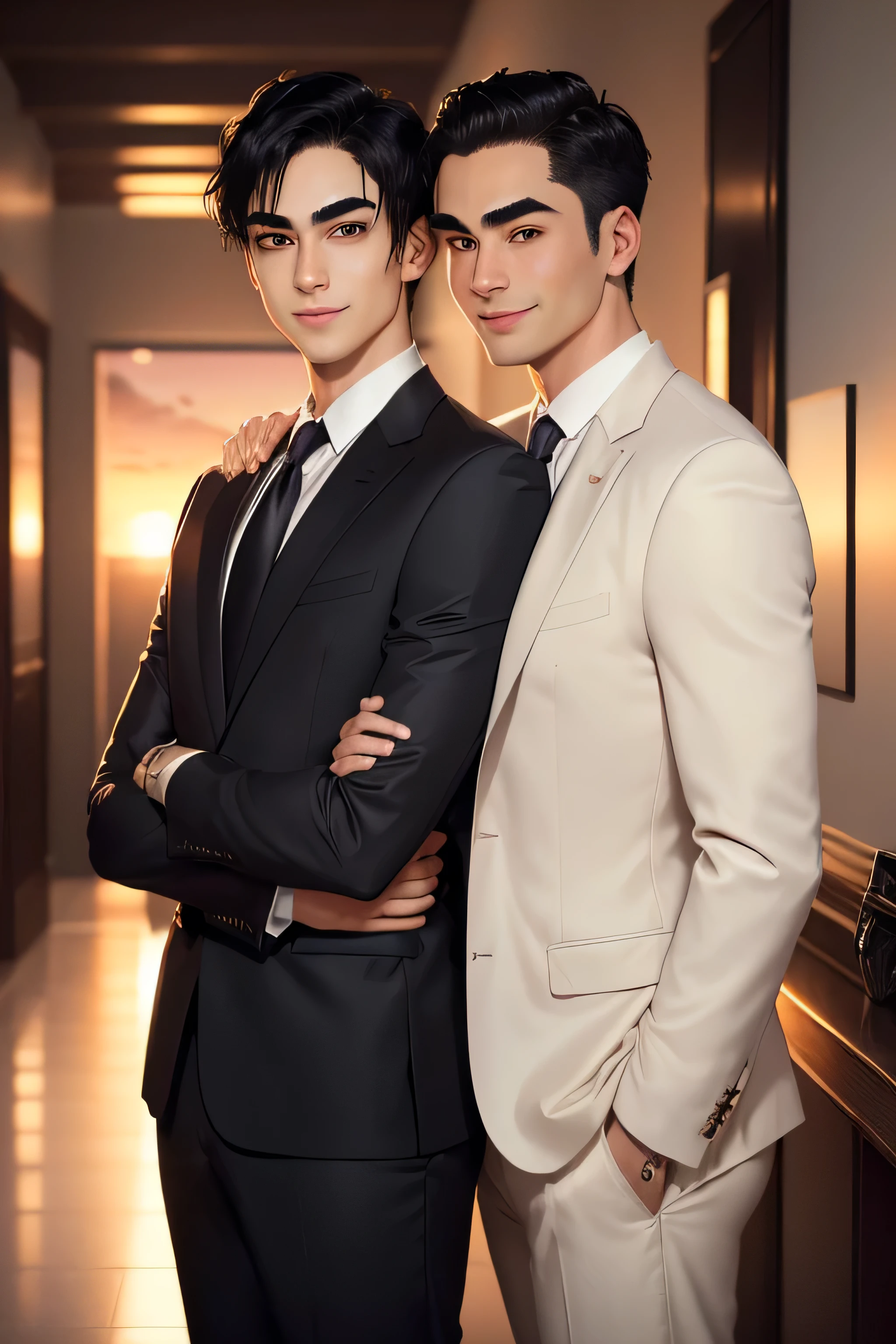 masterpiece, best quality, realistic. 2 man love each other. 1st man (male focus, mature, 1 tall muscular, handsome, [thick eyebrows:0.5], smile, suit, portrait, extremely detailed face, (black hair), (very short hair:1.3, forehead), (suit:1.3). 2nd man (male focus, cute, lovely, not tall, skinny, beautiful young boy, [thick eyebrows:0.5], shy smile, potrait, extremely detailed face, short hair, (suit:1.3)). Sunset sky, dusk, hug