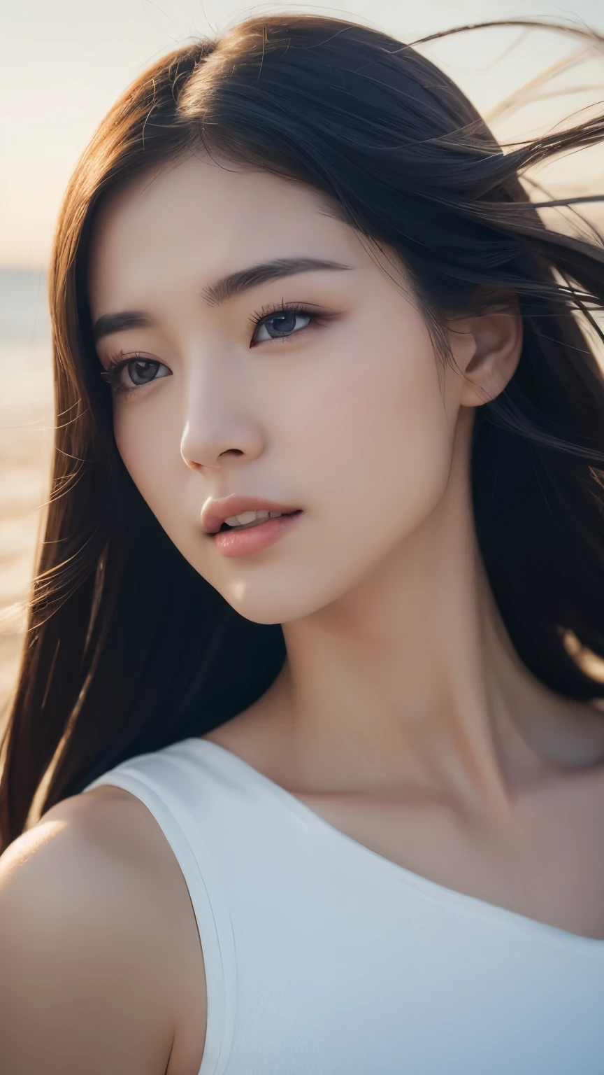 (logo、masterpiece、8k、Tabletop、RAW Photos、wonderful、最high quality、Photorealistic and Very detailed CG integrated 8k wallpaper、high quality、Very detailed、Narrative poem、Particle Effects、Dynamic Effects、Written boundary depth、Cinematic Light、Lens flare、Ray Tracing)、Fantasy、 (One beautiful woman、White pants、White T-shirt、White tube top、White crop top、Black-haired、Beautiful Face、True Face、Beautiful details、eye、Beautiful Skin、Ultimate Body、glamorous)、私の髪はWindに舞う、Hair flutters in Wind、Hair bounces、Seaside、wonderful景色、Coastal、sunrise、Sun in the background、Wind、Beach