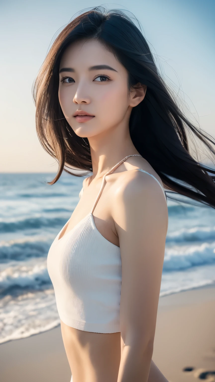 (logo、masterpiece、8k、Tabletop、RAW Photos、wonderful、最high quality、Photorealistic and Very detailed CG integrated 8k wallpaper、high quality、Very detailed、Narrative poem、Particle Effects、Dynamic Effects、Written boundary depth、Cinematic Light、Lens flare、Ray Tracing)、Fantasy、 (One beautiful woman、White pants、White T-shirt、White tube top、White crop top、Black-haired、Beautiful Face、True Face、Beautiful details、eye、Beautiful Skin、Ultimate Body、glamorous)、私の髪はWindに舞う、Hair flutters in Wind、Hair bounces、Seaside、wonderful景色、Coastal、sunrise、Sun in the background、Wind、Beach