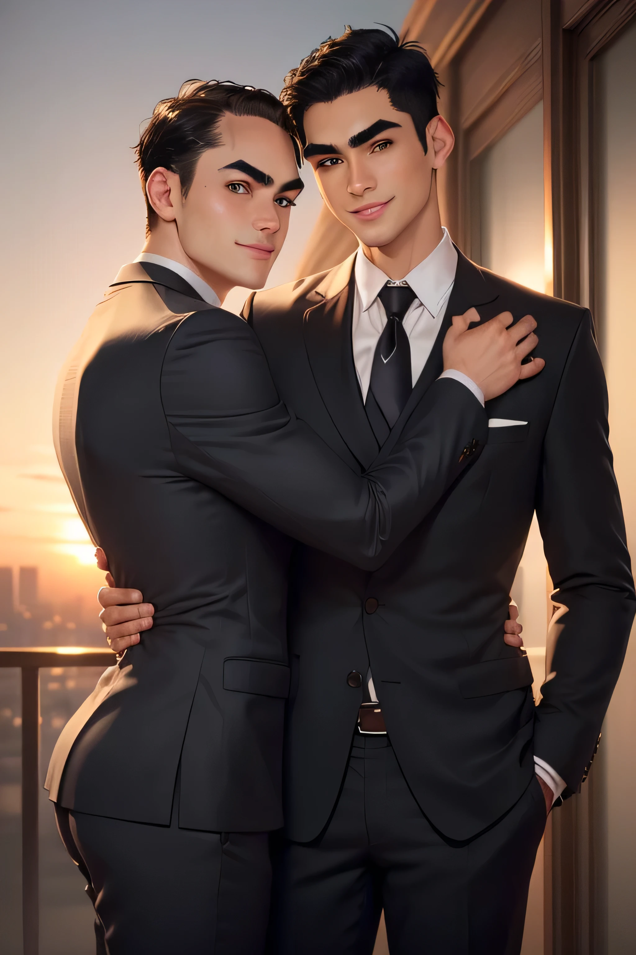 masterpiece, best quality, realistic. 2 man love each other. 1st man (male focus, mature, 1 tall muscular, handsome, [thick eyebrows:0.5], smile, suit, portrait, extremely detailed face, (black hair), (very short hair:1.3, forehead), (suit:1.3). 2nd man (male focus, cute, lovely, not tall, skinny, beautiful young boy, [thick eyebrows:0.5], shy smile, potrait, extremely detailed face, short hair, (suit:1.3)). Sunset sky, dusk, hug