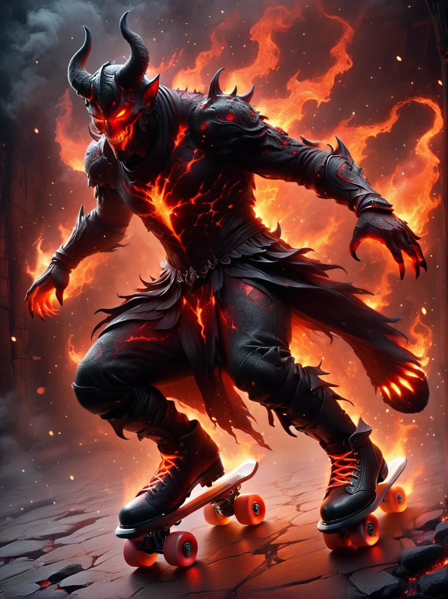 The lava demon figure skates skillfully on skates，The fiery red eyes sparkle with mischief，Casts eerie shadows in dimly lit environments。The demon has ferocious horns and crimson lava-covered skin.，Showing unexpected grace while skating，Swirling tendrils of smoke leave behind them，Adding an element of speed and movement to this surreal scene，The atmosphere contrasts the dark presence of the demons with the playful roller skating scenes in an imaginative way。