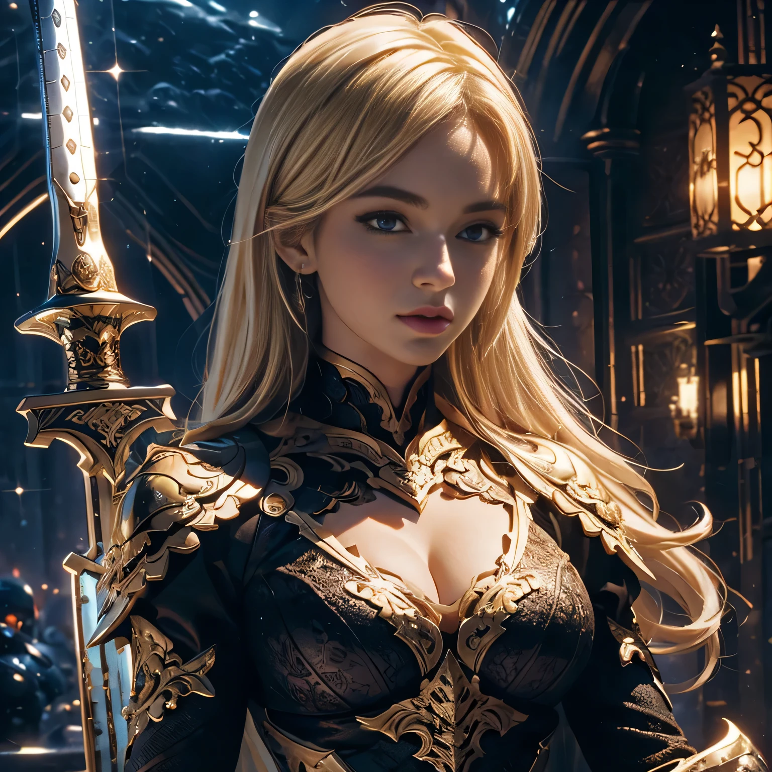 Masterpiece, of the highest quality, high resolution, detailed and intricately designed black armor, fitting a busty blonde like a dream, revealing a hint of cleavage and toned arms, holding a shining sword with confidence, gazing boldly into the distance, her golden hair cascading down her back, eyes filled with determination and courage, mouth slightly open in a determined line, a regal and fierce presence on the battlefield.