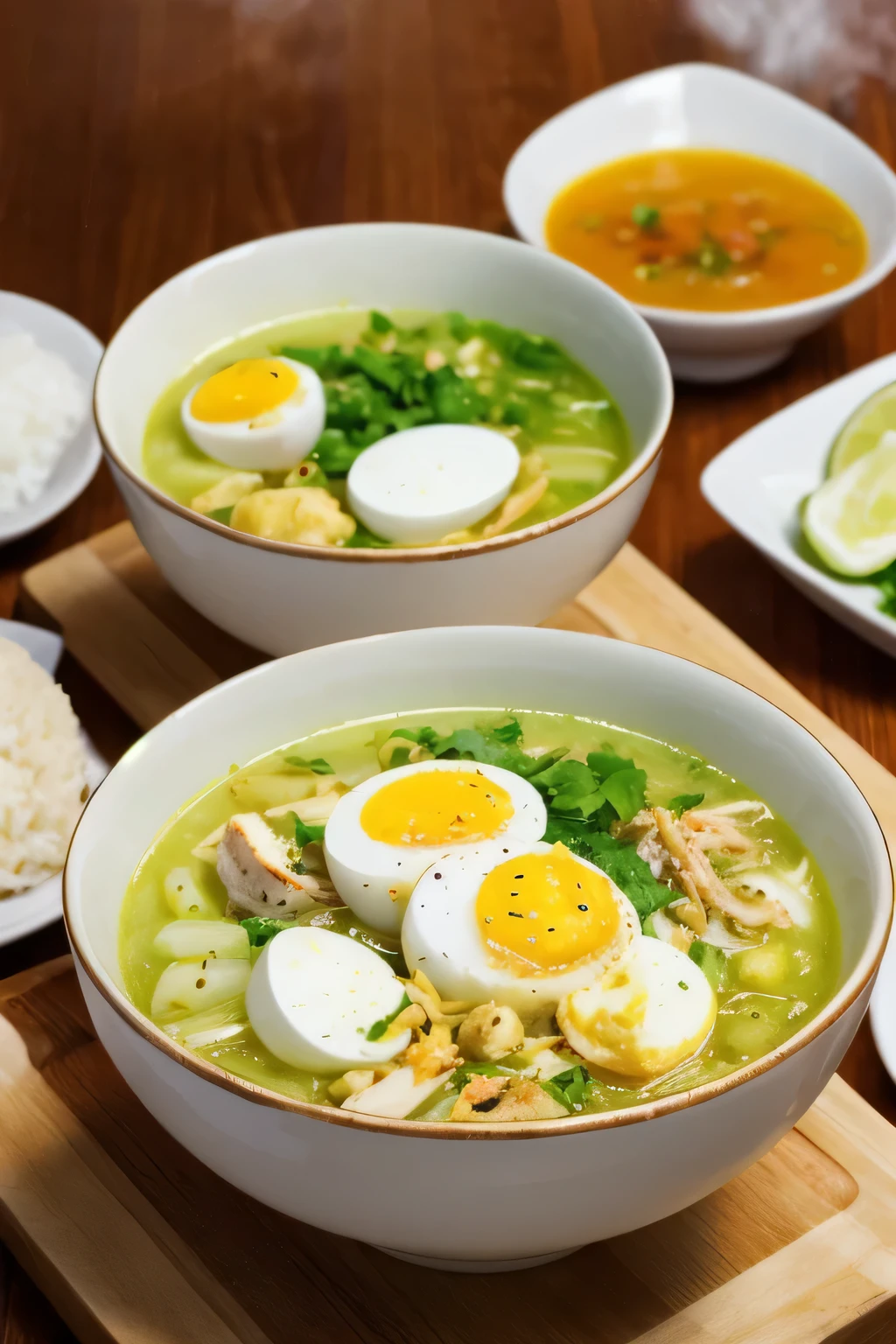 food, photography, a bowl of soto ayam with chilli sauce, chicken slices, rice and boil egg on wooden table, yellow soup, hot steam, volumetric, rim lighting, soft focus, blurry background  