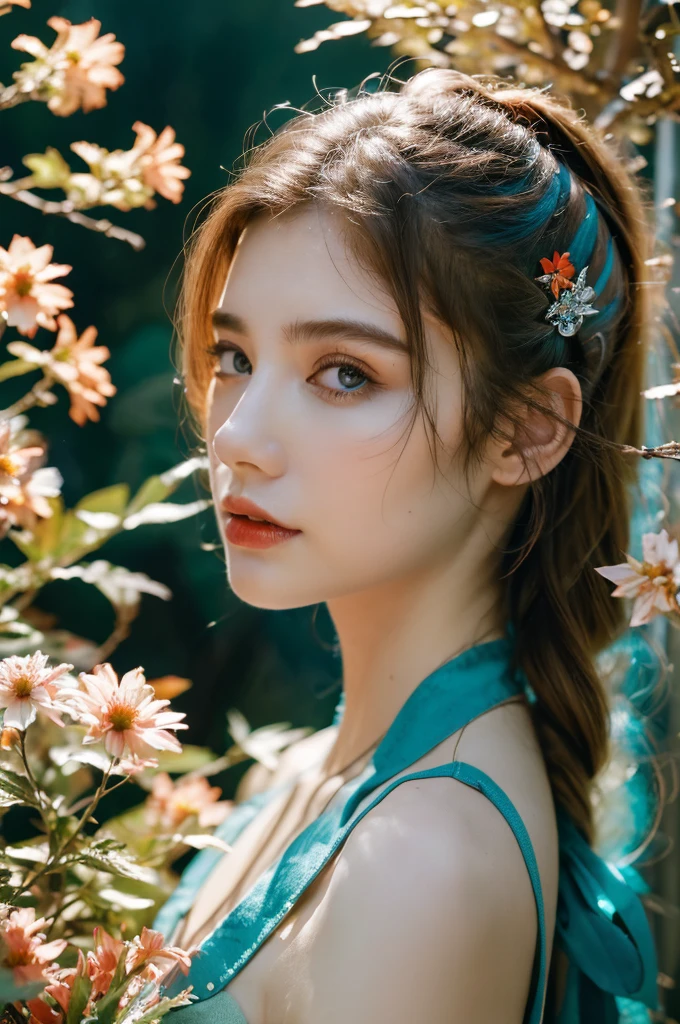 ( masterpiece, top quality, best quality,8k, girl,ultra detailed,raw photo:1.5),(photorealistic:1.4), (cinematic lighting), PerfectNwsjMajic, , Surrealism, UHD, ccurate, Super detail, textured skin, High detail, Best quality, dynamic angle, White skin,[Beautiful blue eyes], high nose,[flat chest:large breasts:0.5],(1girl),((good anatomy:0.5)),(covered in flowers:1.4), night sky, interested in, fire and ice, (The image is divided into two，Available in a variety of colors:2), eyes blues, sapphire, liquid metal, night sky, (Look at an angle:1.3), (fire and ice), ((Lower chrome)), (hairpin:1.4), (forest:1.3), (fog: 1.3),  Subtle colors and tones, mystical aura ,dreamy atmosphere,expressive brush strokes, mystical ambiance, Artistic interpretation, upper body, long hair