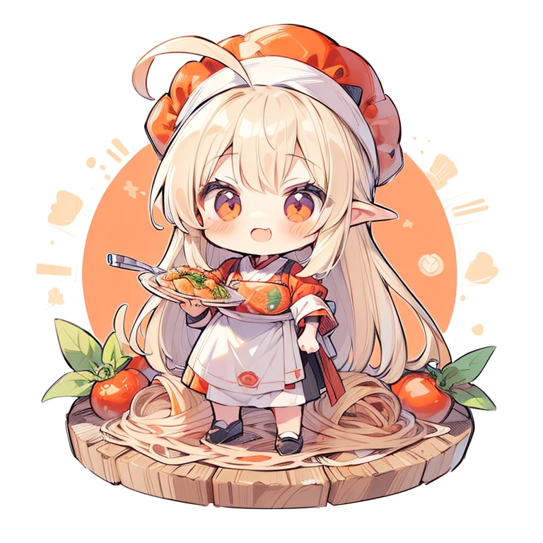 (((masutepiece))), Best Quality, Extremely detailed, (Chef Costume:1.2), (Chef's Hat), (((girl with))), (((Solo))), Happy, (((Eat large tomato pasta))), ((Full body)), Ahoge, (((Deformed))), (((Chibi Character))), ((((Italian Restaurant))),,