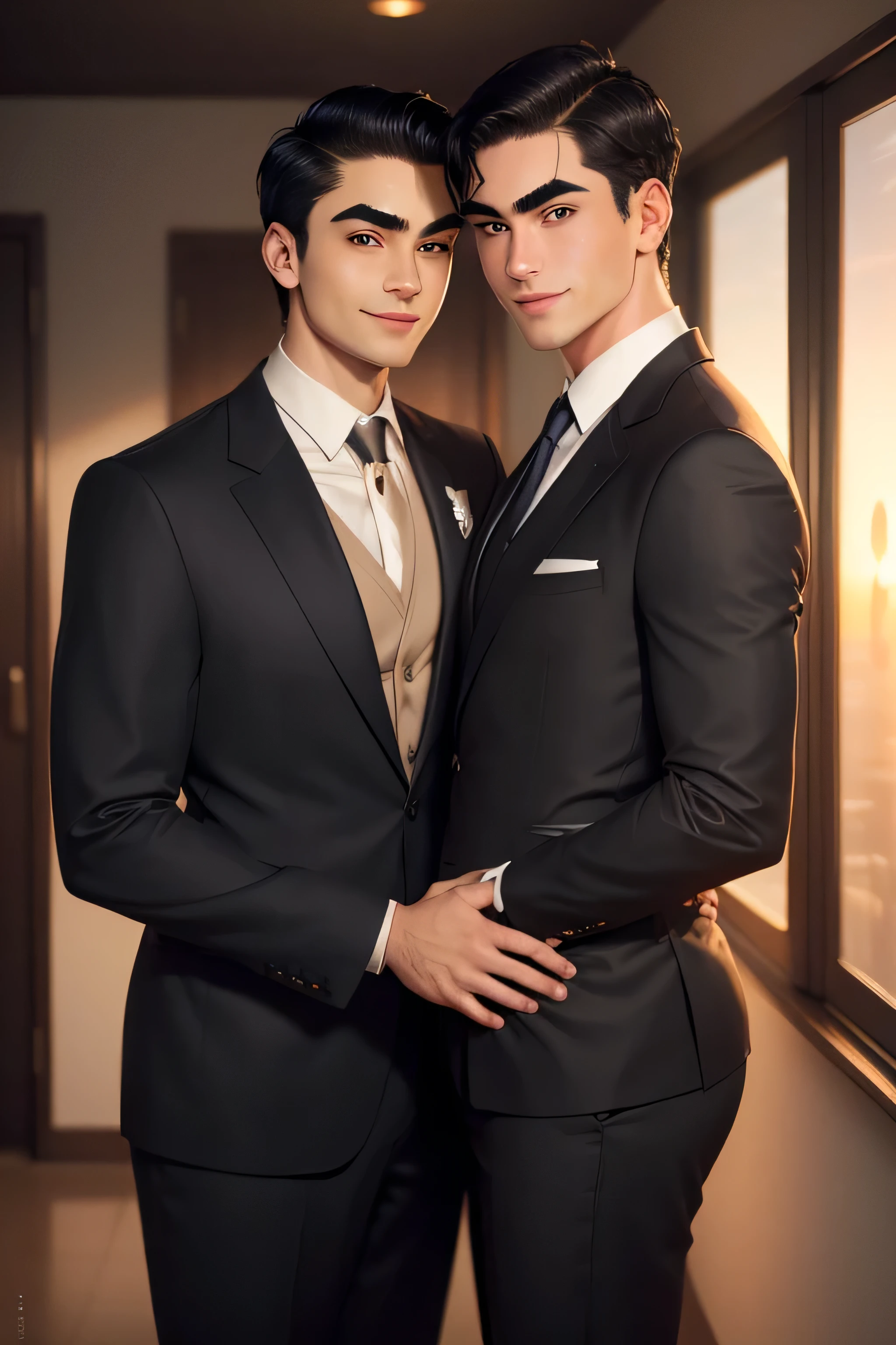 masterpiece, best quality, realistic. 2 man love each other. 1st man (male focus, mature, 1 tall muscular, handsome, [thick eyebrows:0.5], smile, suit, portrait, extremely detailed face, (black hair), (very short hair:1.3, forehead), (suit:1.3). 2nd man (male focus, cute, lovely, not tall, skinny, beautiful young boy, [thick eyebrows:0.2], shy smile, potrait, extremely detailed face, short hair, (suit:1.3)). Sunset sky, dusk, hug