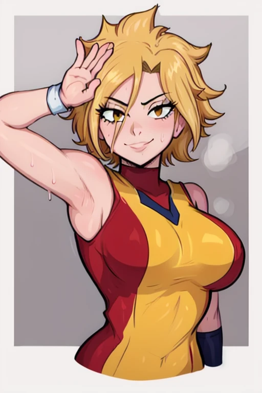 masterpiece, best quality, dimaria, looking at viewer, yellow short hair, large breasts, upper body, portrait, looking at viewer, seductive smile,both hands raised, armpits, armpits visible, sweaty armpits, wearing yellow volleyball uniform