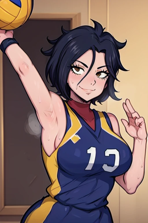 masterpiece, best quality, dimaria, looking at viewer, yellow short hair, large breasts, upper body, portrait, looking at viewer, seductive smile,both hands raised, armpits, armpits visible, sweaty armpits, wearing yellow volleyball uniform