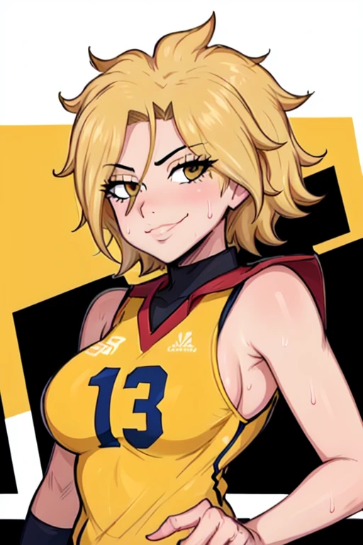 masterpiece, best quality, dimaria, looking at viewer, yellow short hair, large breasts, upper body, portrait, looking at viewer, seductive smile,both hands raised, armpits, armpits visible, sweaty armpits, wearing yellow volleyball uniform