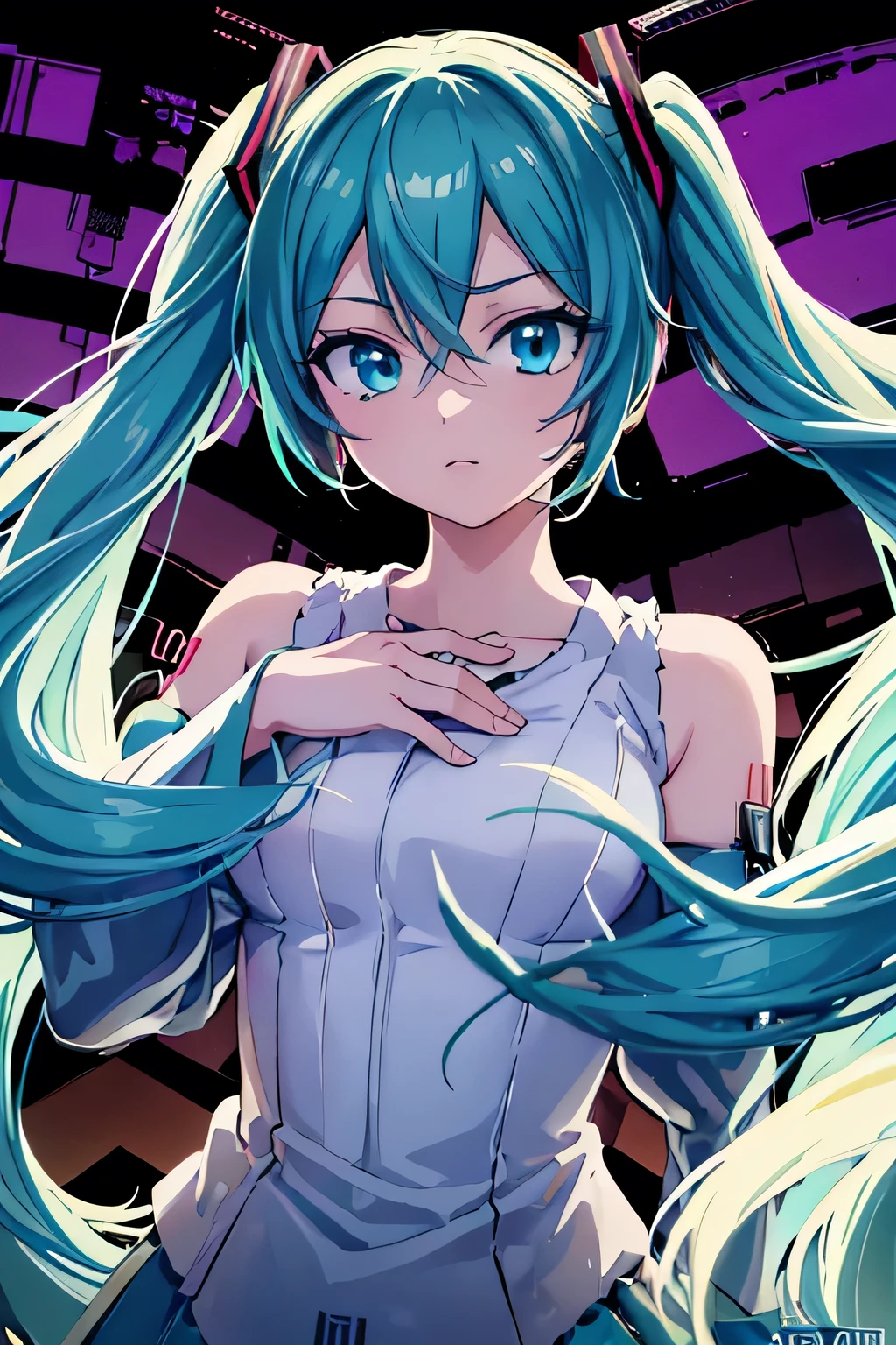 masterpiece,(best quality),(hatsune miku), (high contrast:1.2), (high saturation:1.2), looking at viewer, crime and punishment, hide hands