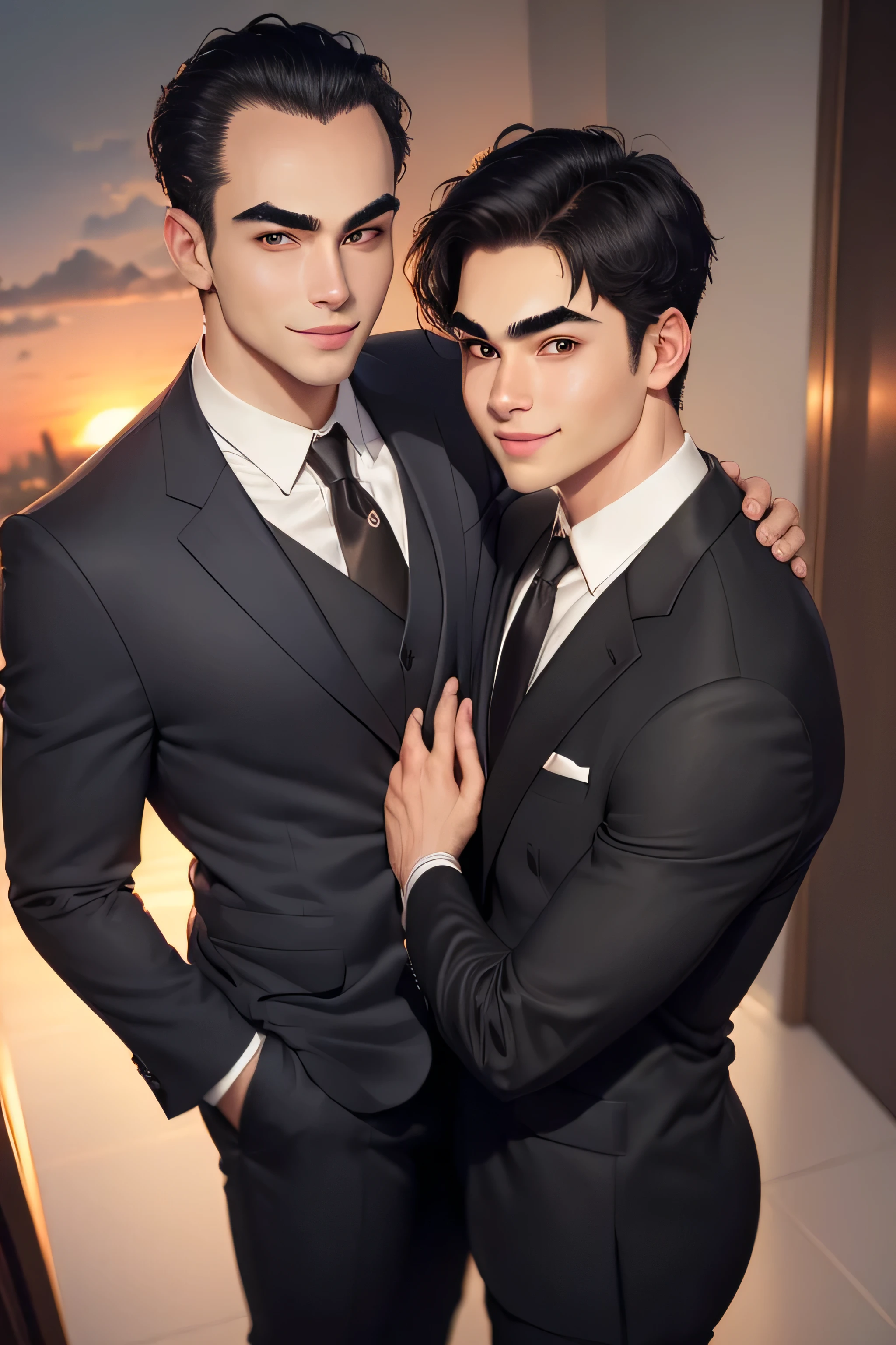 masterpiece, best quality, realistic. 2 man love each other. 1st man (male focus, mature, 1 tall muscular, handsome, [thick eyebrows:0.5], smile, suit, portrait, extremely detailed face, (black hair), (very short hair:1.3, forehead), (suit:1.3). 2nd man (male focus, cute, lovely, not tall, skinny, beautiful young boy, [thick eyebrows:0.2], shy smile, potrait, extremely detailed face, short hair, (suit:1.3)). Sunset sky, dusk, hug