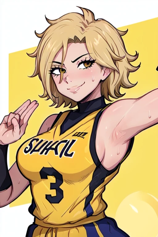 masterpiece, best quality, dimaria, looking at viewer, yellow short hair, large breasts, upper body, portrait, looking at viewer, seductive smile,both hands raised, armpits, armpits visible, sweaty armpits, wearing yellow basketball uniform