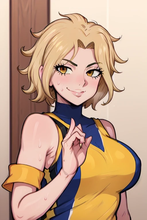 masterpiece, best quality, dimaria, looking at viewer, yellow short hair, large breasts, upper body, portrait, looking at viewer, seductive smile,both hands raised, armpits, armpits visible, sweaty armpits, wearing yellow basketball uniform