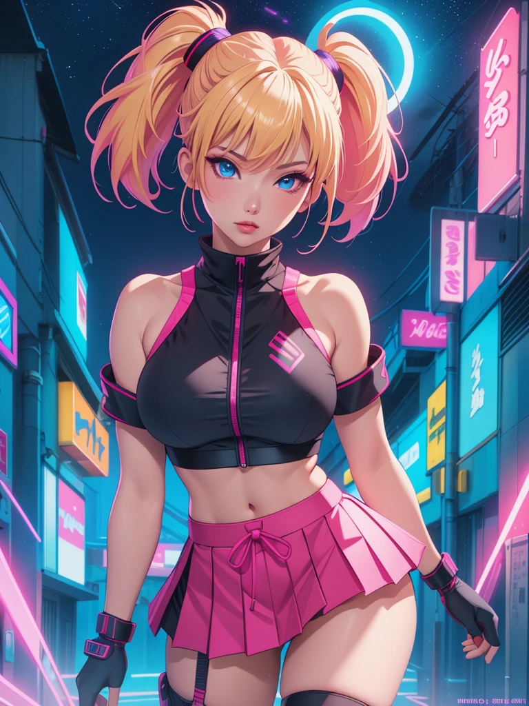 8k, ((Full Body Portrait)) ,masterpiece、Realistic:1.2, Realistic, Ultra-high resolution, ultra-quality, ultra-detailed, ultra-realistic, highest quality, (Solo, 1girl), (Masterpiece, Detailed, 4k), perfect face, perfect lips, perfect makeup, dark eyeshadow, Unreal Engine 5, (Full Body Portrait), absurd resolution, high resolution, sharp image, vibrant colors, Synthwave colors, Vaporwave colors, ((sexy Female Ninja)) with ((blonde hair, two ponytails in hair)), (pleated skirt), neon lights, night sky, neon city, katana, shuriken, kunai leg straps, sexy, beautiful