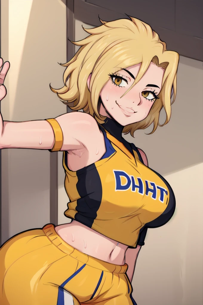 masterpiece, best quality, dimaria, looking at viewer, yellow short hair, large breasts, upper body, portrait, looking at viewer, seductive smile,both hands raised, armpits, armpits visible, sweaty armpits, wearing yellow basketball uniform