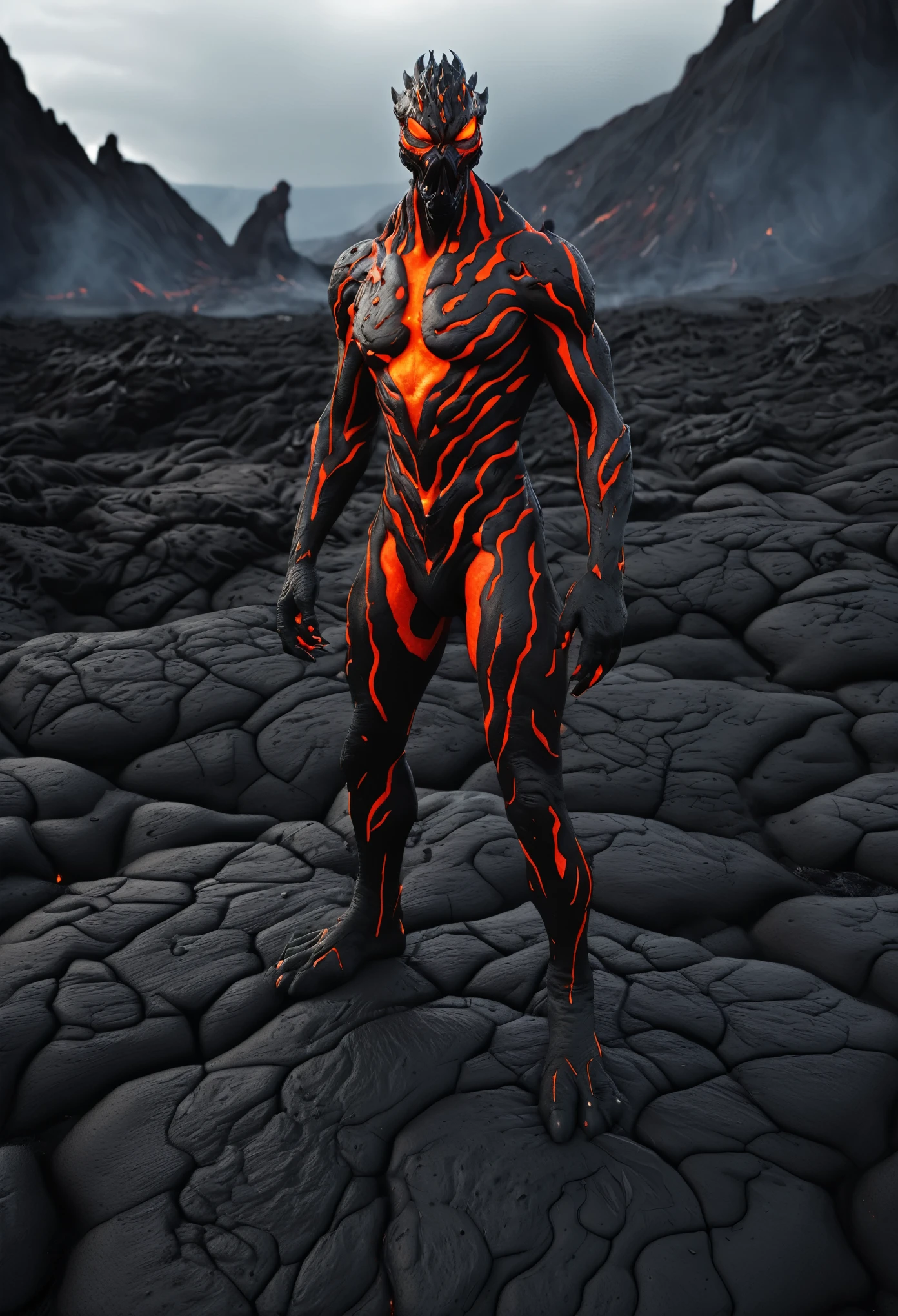 (best quality,4k,8k,highres,masterpiece:1.2),ultra-detailed,(realistic,photorealistic,photo-realistic:1.37),lava demon,solitude,sparse lava area,red-black color scheme,minimalist style,journey